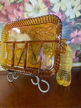 Pristine,  Amber Carnival Glass Indiana Glass Fruit/Cheese Divided Serving Tray.